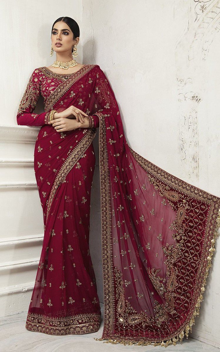 Maria B King Copy Net Saree – Heavy Embroidery with Hand-Stone Work & Hanging Details