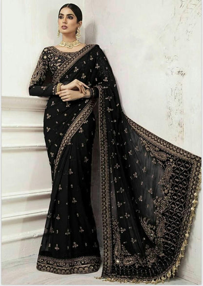 Maria B King Copy Net Saree – Heavy Embroidery with Hand-Stone Work & Hanging Details