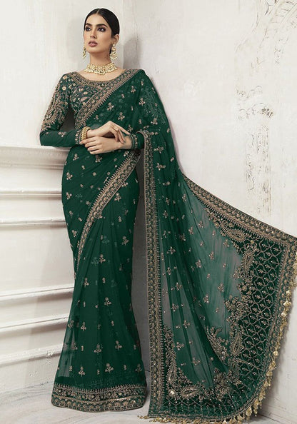 Maria B King Copy Net Saree – Heavy Embroidery with Hand-Stone Work & Hanging Details
