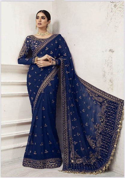Maria B King Copy Net Saree – Heavy Embroidery with Hand-Stone Work & Hanging Details