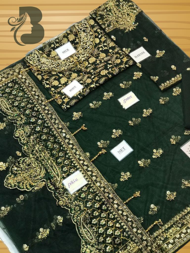 Maria B King Copy Net Saree – Heavy Embroidery with Hand-Stone Work & Hanging Details