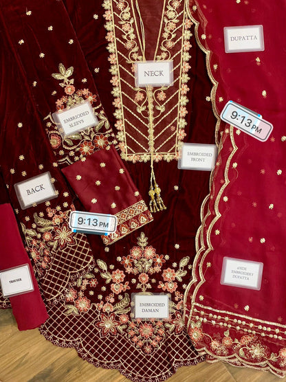 Emaan Adeel Kanwal 2025 | Heavy Spangle Work Velvet Suit with Cutwork & Fancy Tassels