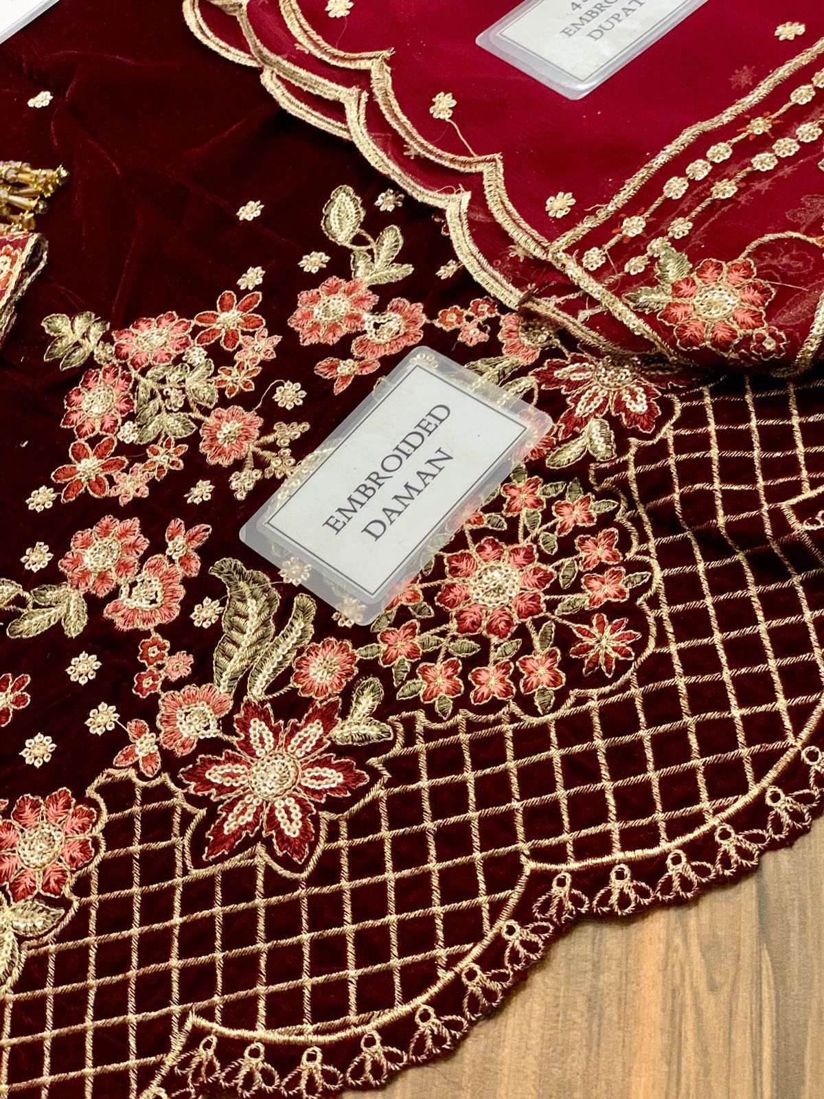 Emaan Adeel Kanwal 2025 | Heavy Spangle Work Velvet Suit with Cutwork & Fancy Tassels